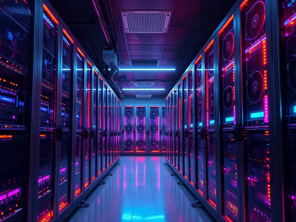 High-tech server room with glowing orange and purple lights,